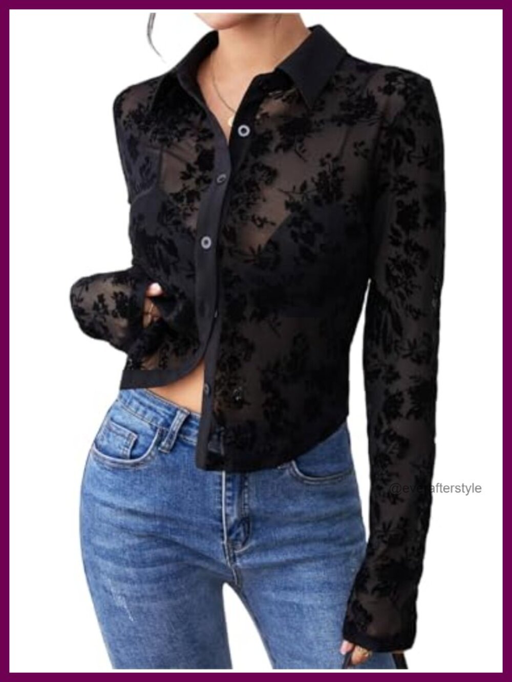 Women's Sheer Mesh Button Down Crop Top Long Sleeve Blouse